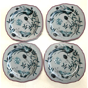 Anthropologie Elin 8 1/2" Salad / Dessert Plates Blue Peacock Design Lot of 4